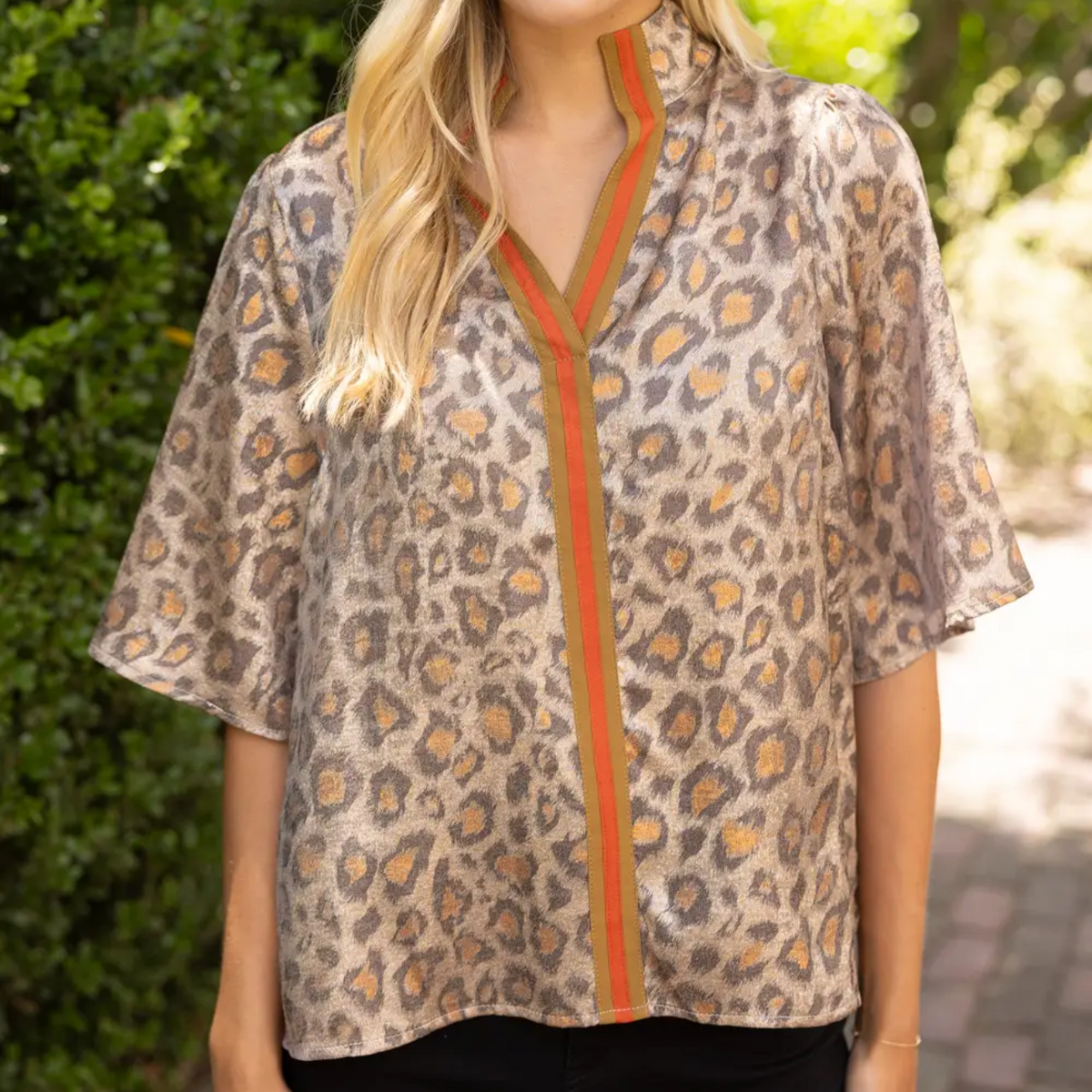 Striped Placket Detail Leopard Print Metallic Top 37081