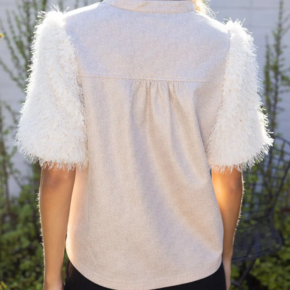 Feather Fringe Short Sleeve Faux Leather Top 37228