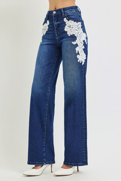 HIGH RISE WIDE LACE UP DETAIL JEANS