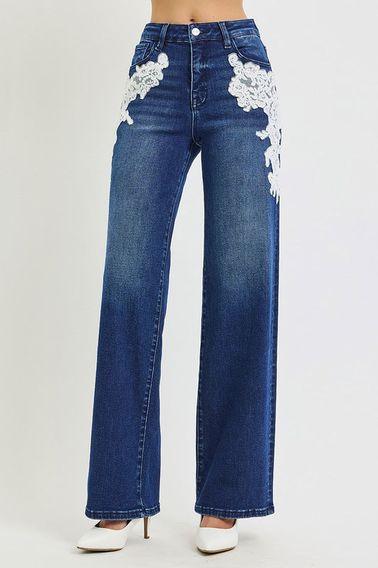 HIGH RISE WIDE LACE UP DETAIL JEANS