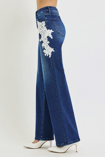 HIGH RISE WIDE LACE UP DETAIL JEANS