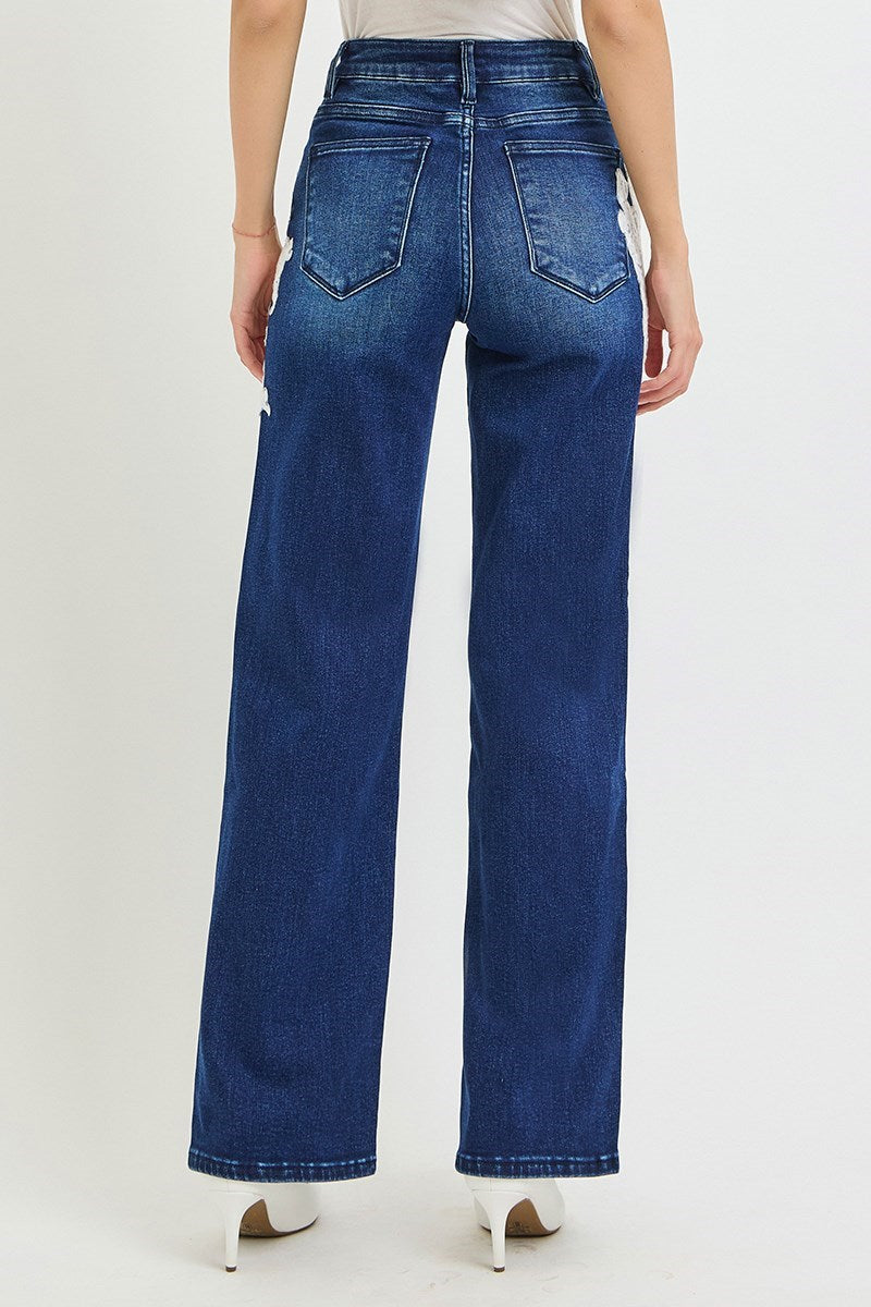 HIGH RISE WIDE LACE UP DETAIL JEANS