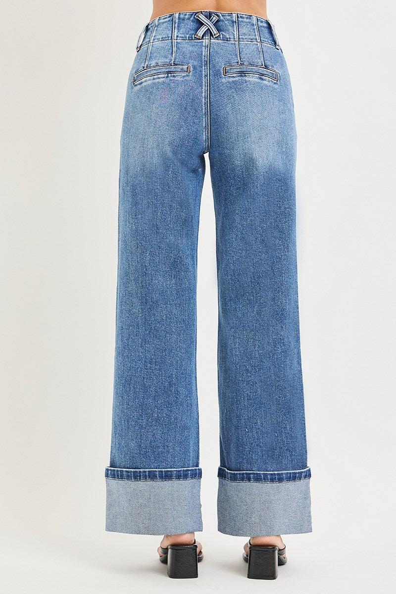 HIGH RISE WIDE LEG JEANS WITH CUFFED HEM