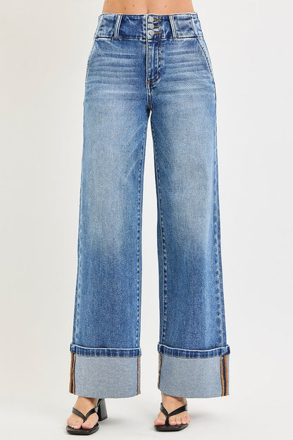 HIGH RISE WIDE LEG JEANS WITH CUFFED HEM