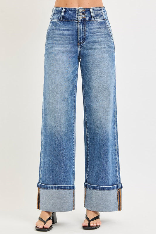 HIGH RISE WIDE LEG JEANS WITH CUFFED HEM