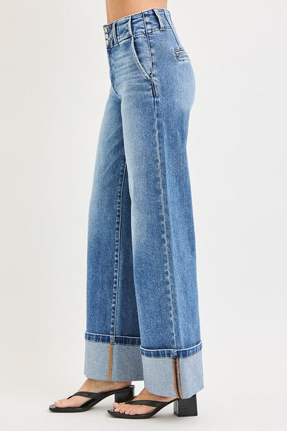 HIGH RISE WIDE LEG JEANS WITH CUFFED HEM
