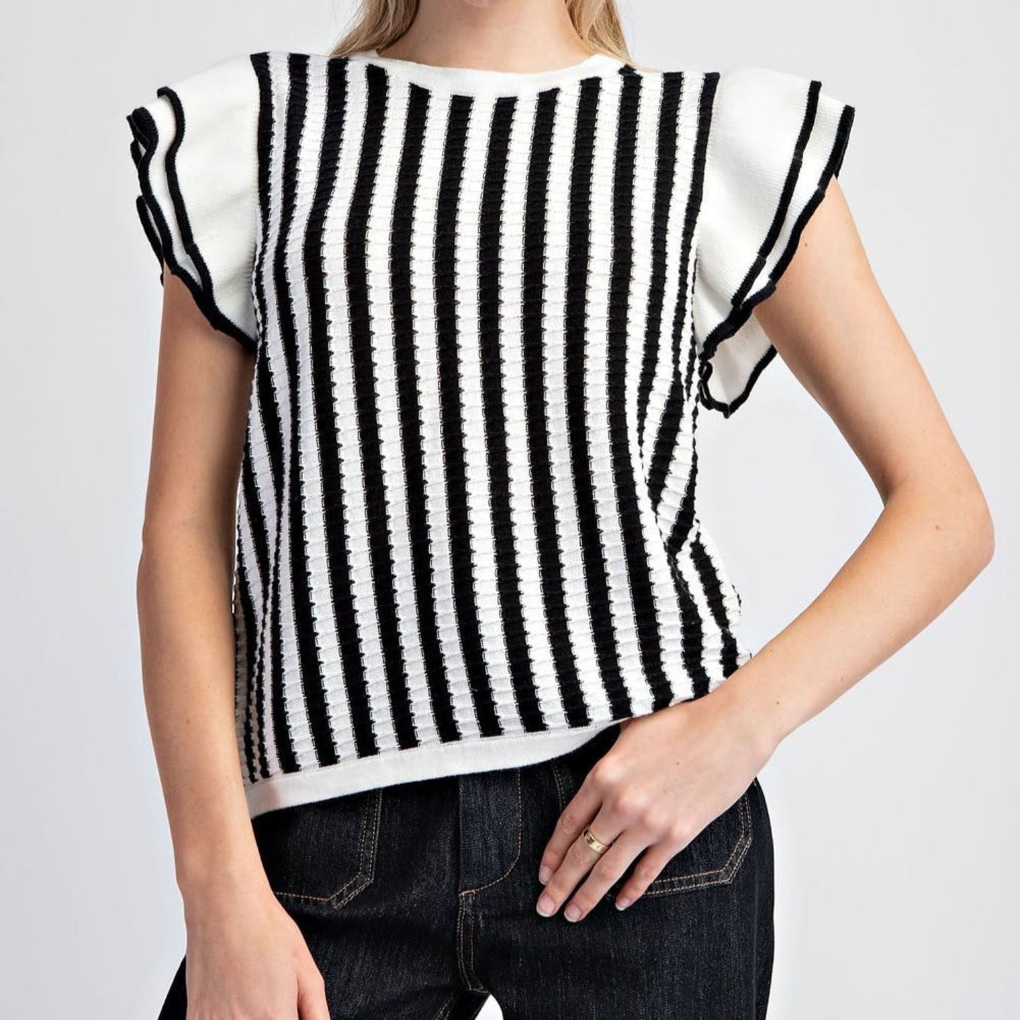 Stripped Ruffle Sleeve Sweater Top