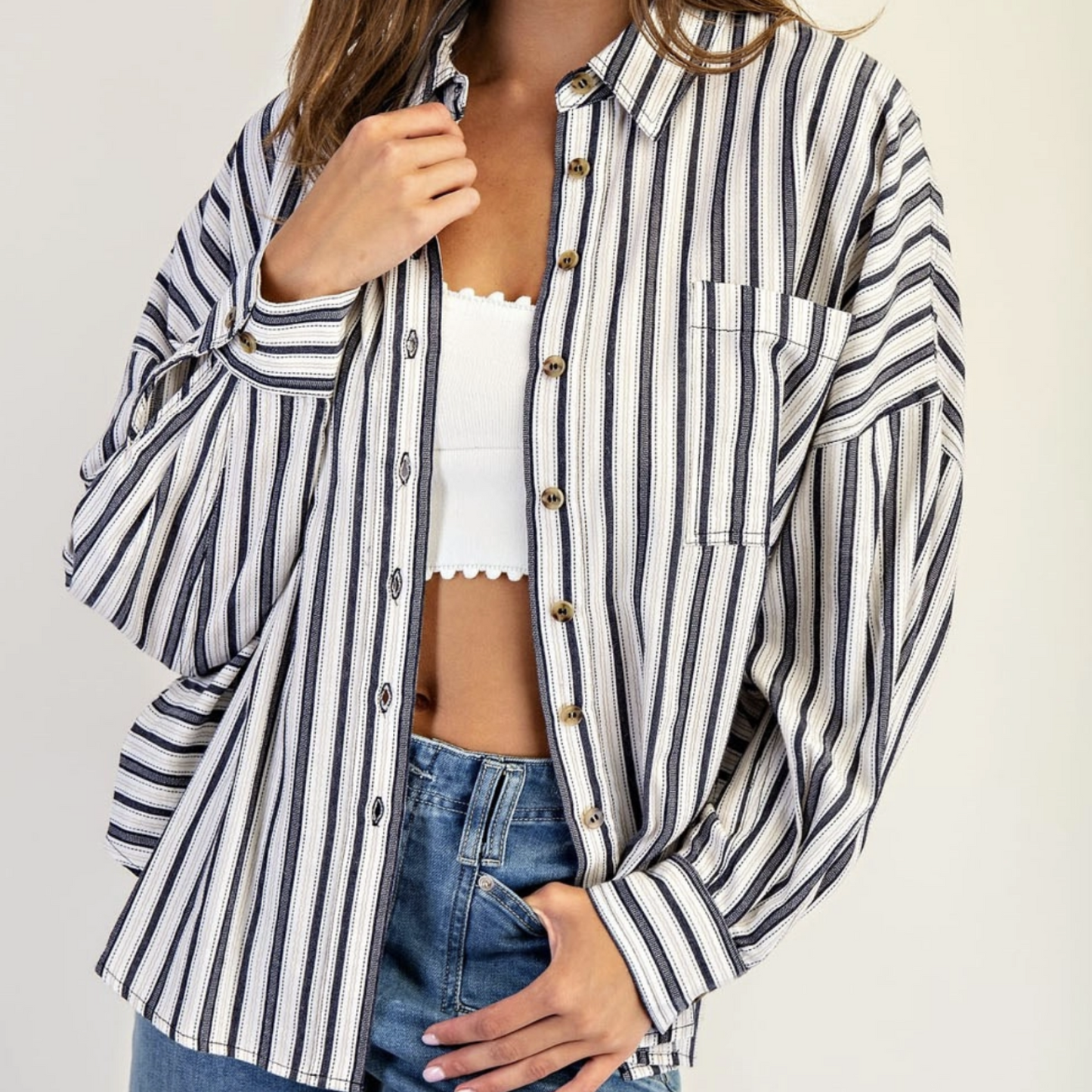 Dobby Striped Long Sleeve Button Down Top
