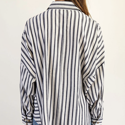 Dobby Striped Long Sleeve Button Down Top