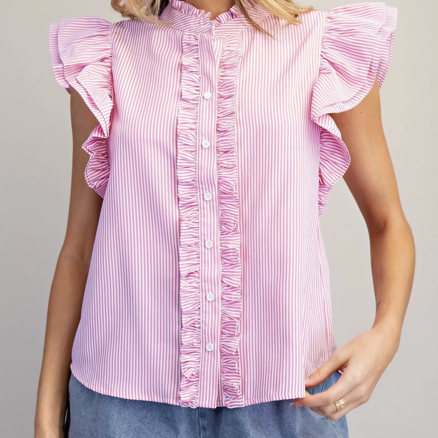 Striped Button Down Ruffle Trim Blouse