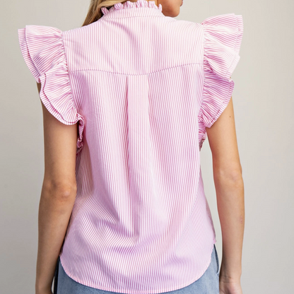 Striped Button Down Ruffle Trim Blouse