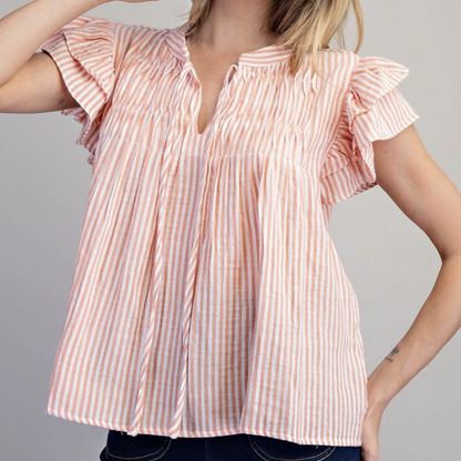 Striped Flutter Sleeve Notched Neck Blouse