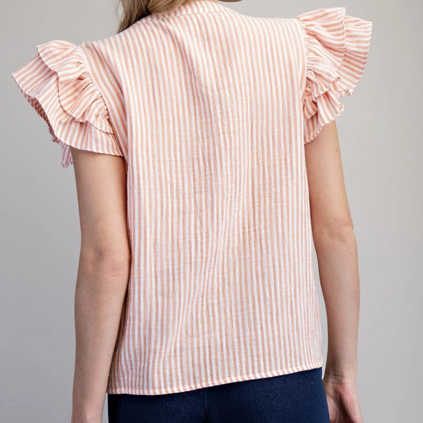 Striped Flutter Sleeve Notched Neck Blouse