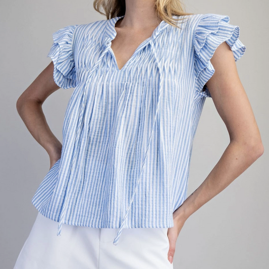 Striped Flutter Sleeve Notched Neck Blouse