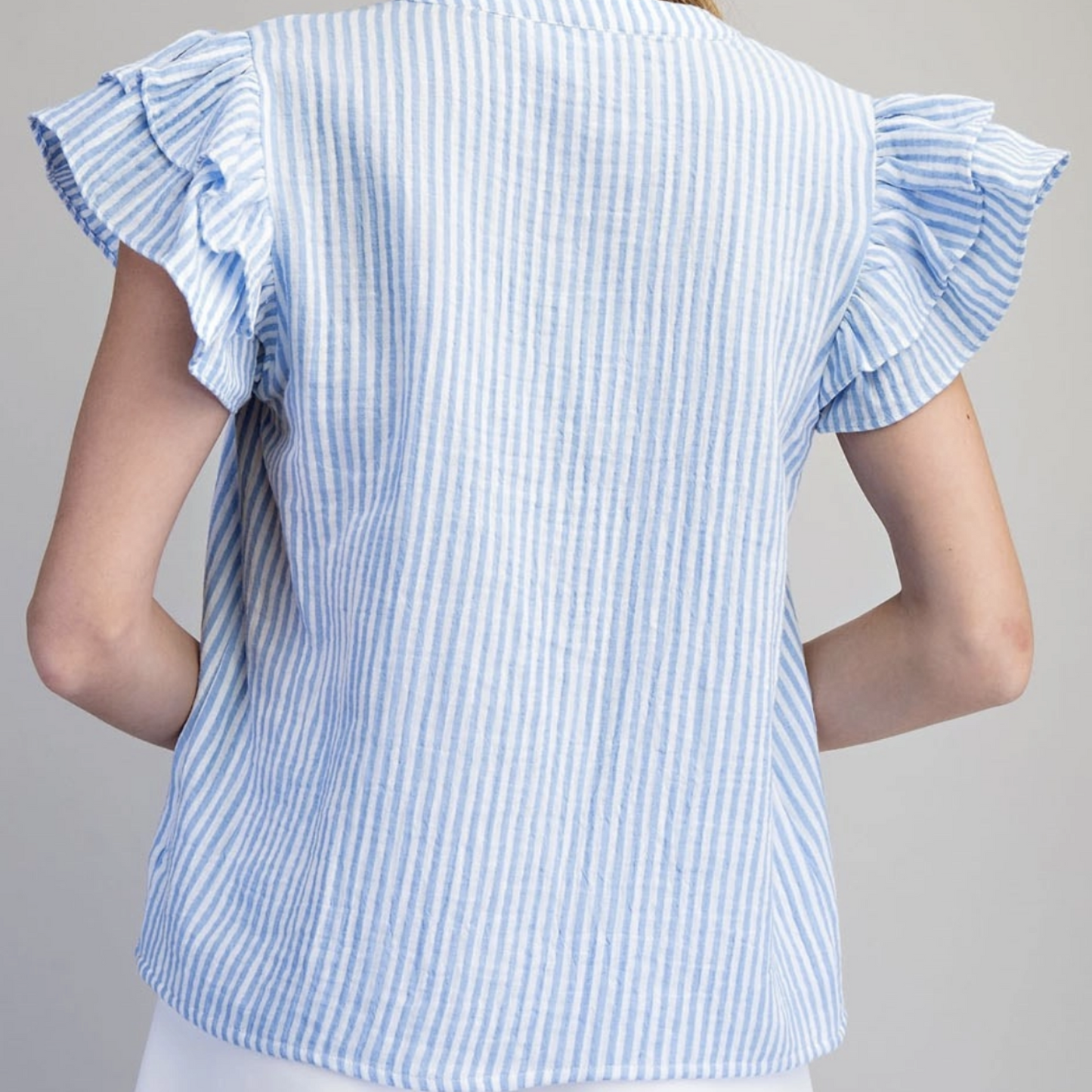 Striped Flutter Sleeve Notched Neck Blouse