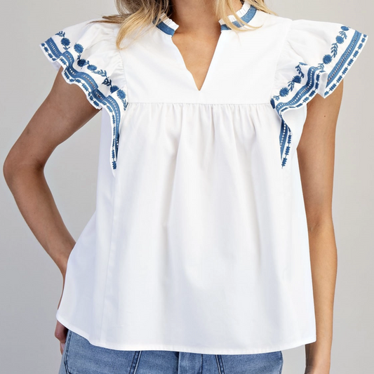 Split V-Neck Embroidered Sleeve Top