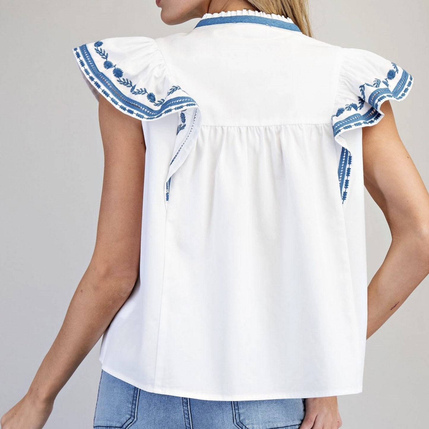 Split V-Neck Embroidered Sleeve Top