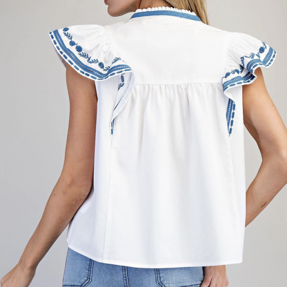 Split V-Neck Embroidered Sleeve Top