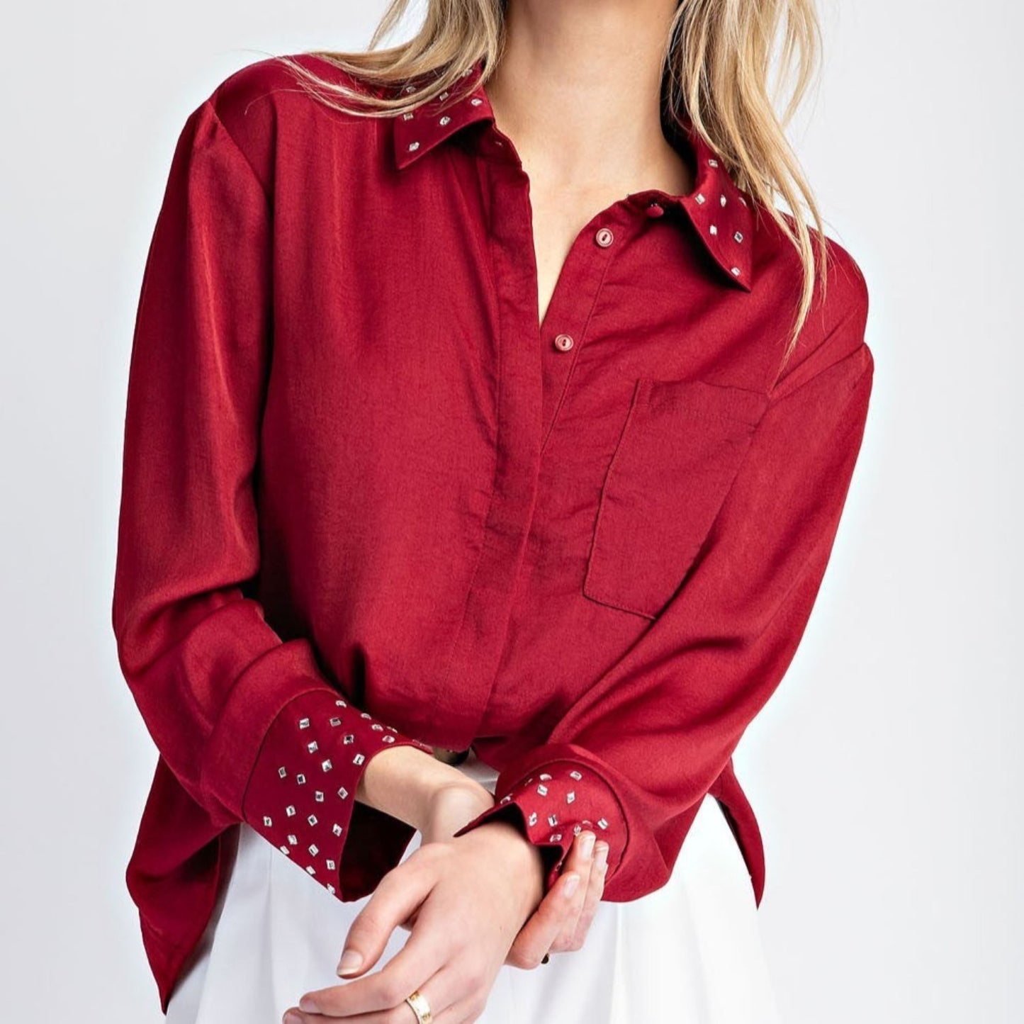 Studded Button Down Long Sleeve Blouse