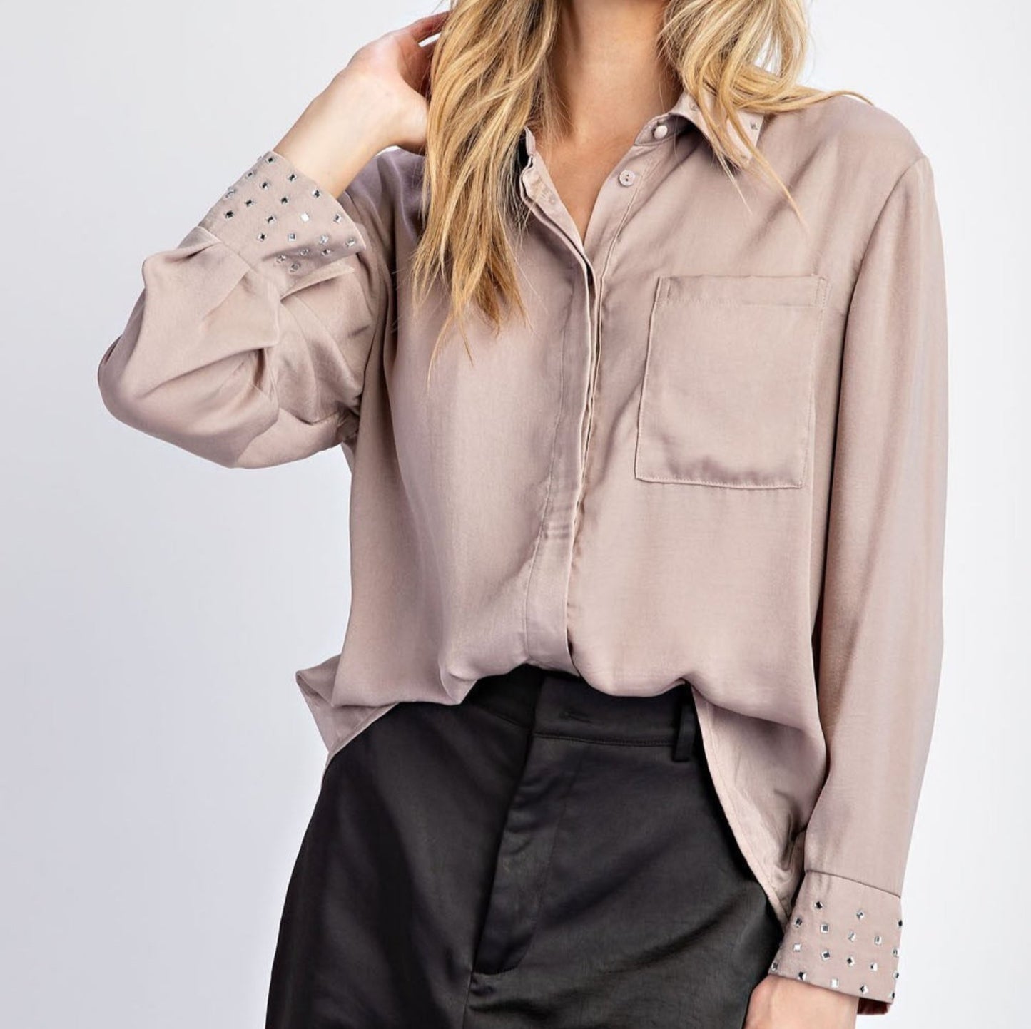 Studded Button Down Long Sleeve Blouse