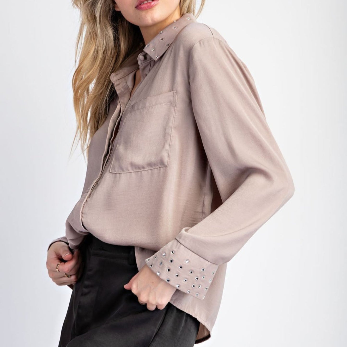 Studded Button Down Long Sleeve Blouse