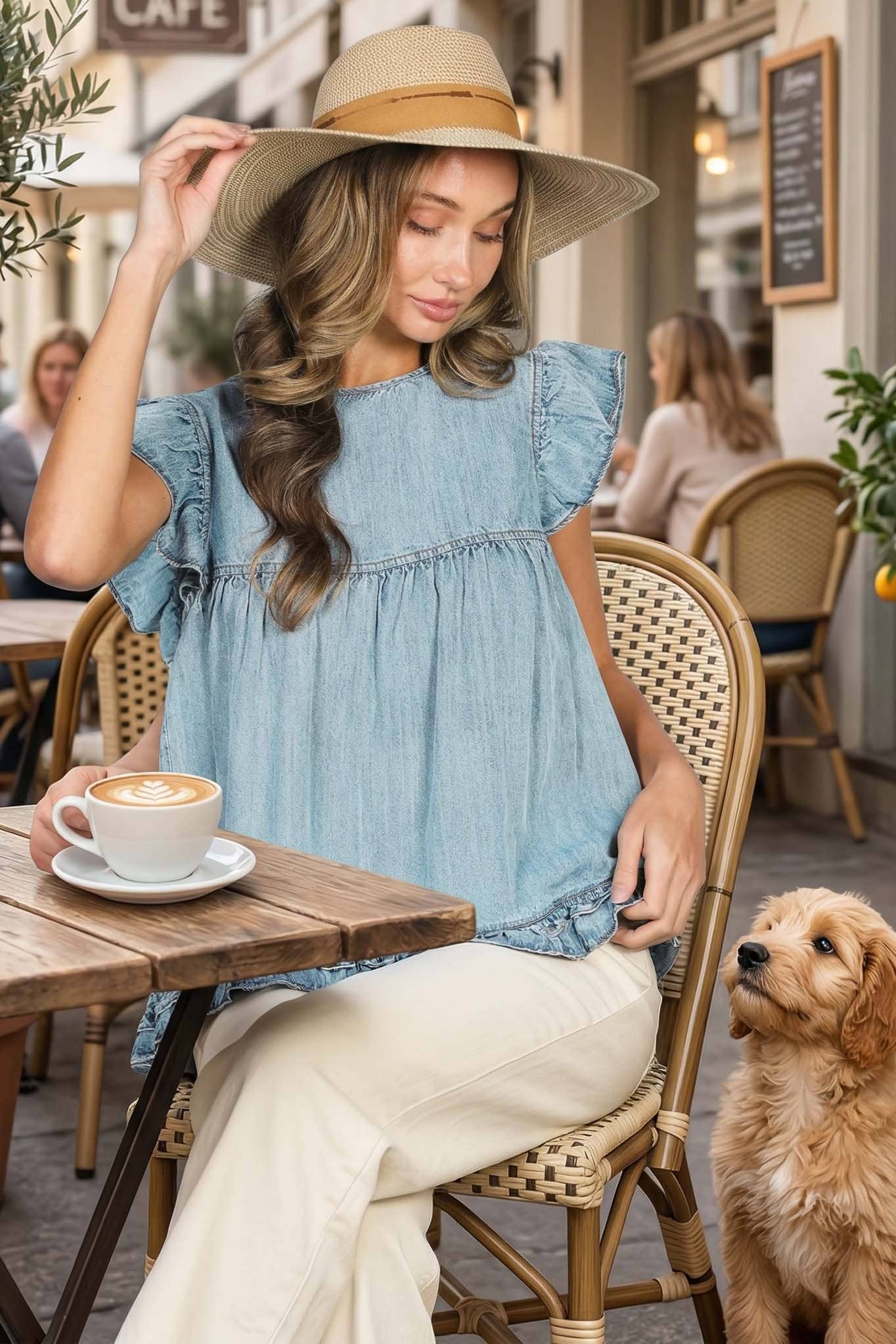 Ruffle Accent Short Sleeve Chambray Denim Top