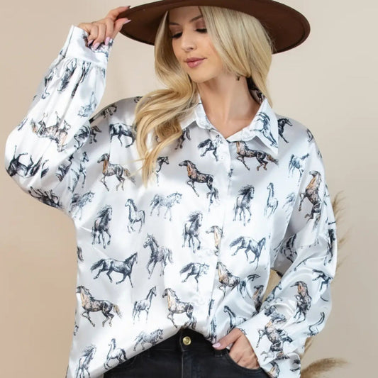 Western Horse Graphic Print Satin Button Down