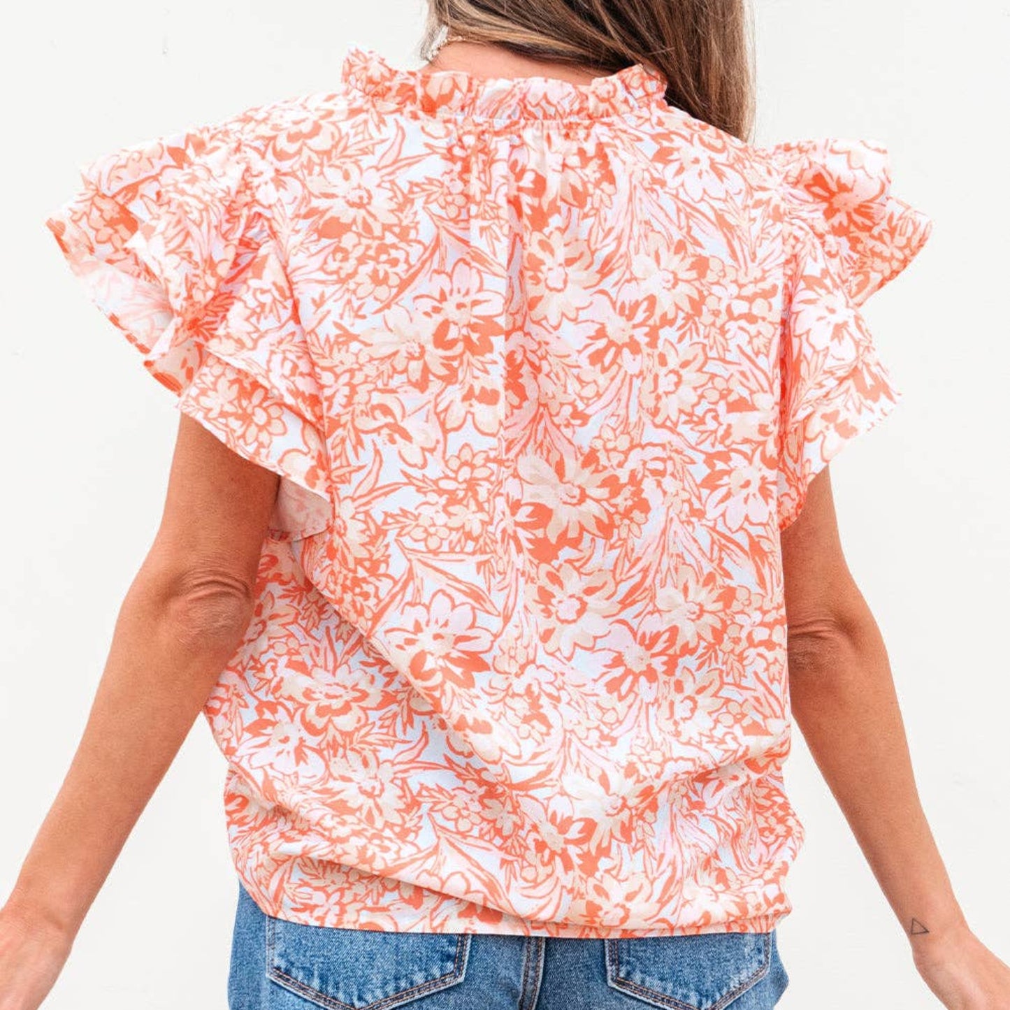 Floral Ruffle Sleeve Split Neck Blouse