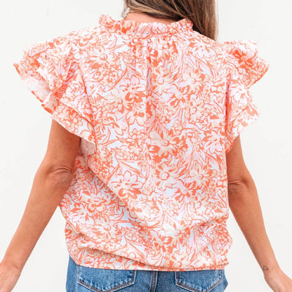 Floral Ruffle Sleeve Split Neck Blouse