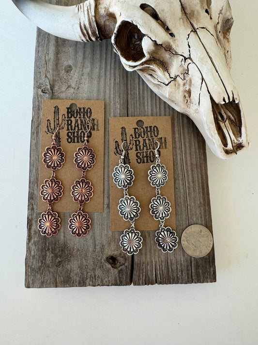 3 Tier Western Rectangle Concho Drop Dangle Earrings