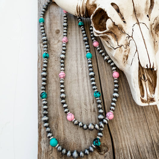 Western Navajo Pearl & Turquoise Stone Bead Necklace