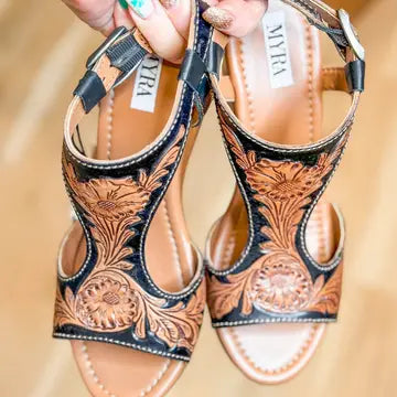Tooled Leather Wedge Sandals