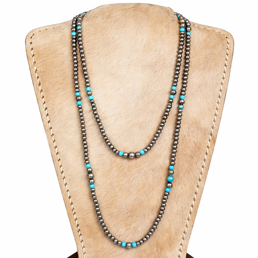Long Western Style Navajo Pearl Turquoise Stone Necklace