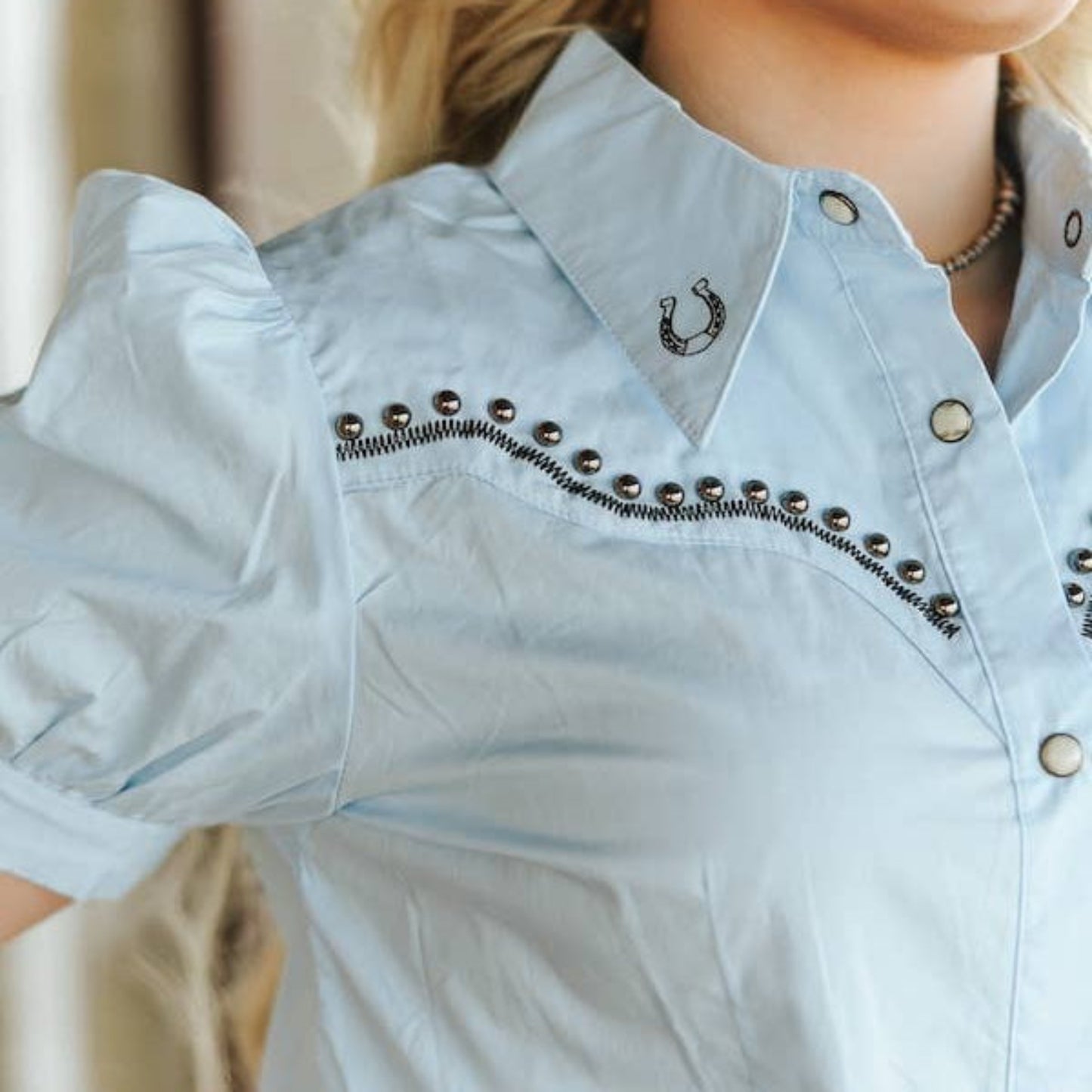 LightBlue Studded Contrast Embroidered Puff ButtonDown Shirt