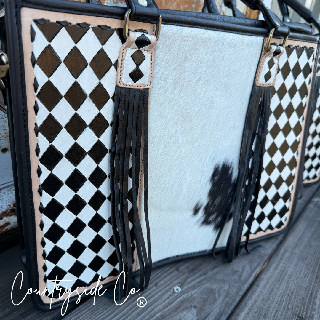 Tinsley Checkered Leather Cowhide Tote, Computer Bag