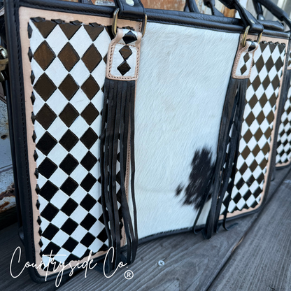 Tinsley Checkered Leather Cowhide Tote, Computer Bag