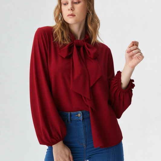 Solid Ribbon Tied Shirt Blouse Top