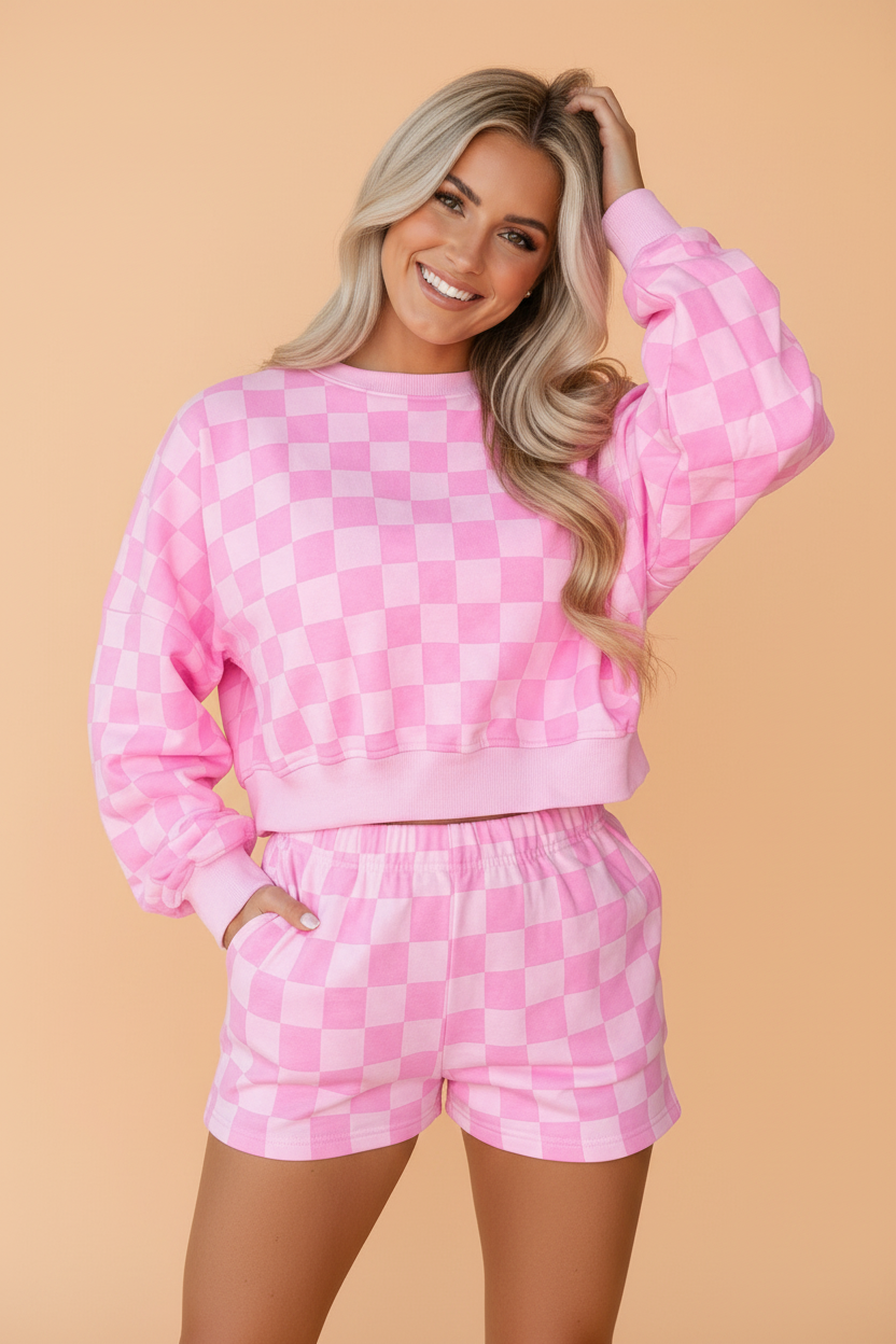 PRETTY BASH Checker Long Sleeve Crop Top & Shorts Set