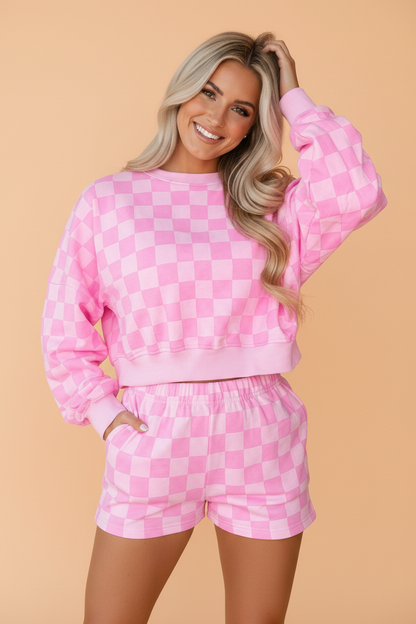 PRETTY BASH Checker Long Sleeve Crop Top & Shorts Set