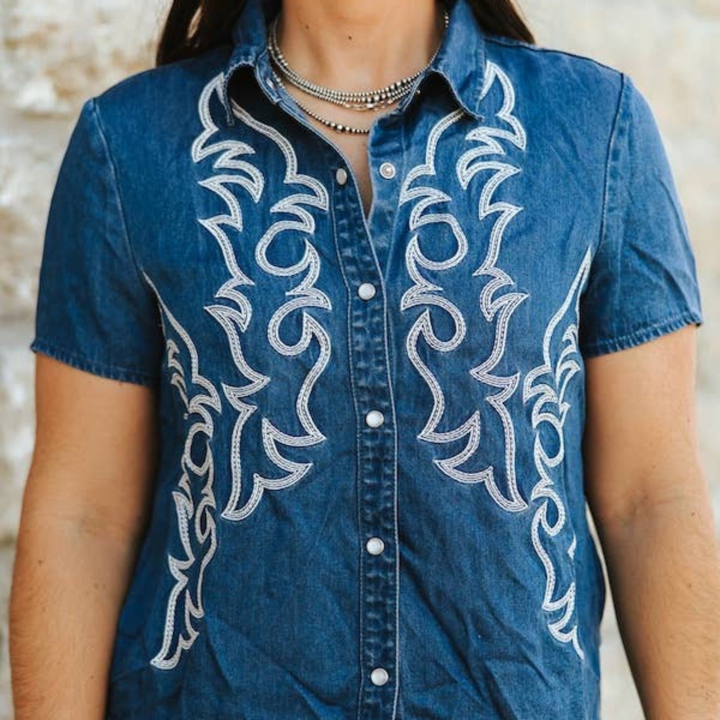 Mid Wash Contrast Embroidered Pearl Snap Short Sleeve Shirt
