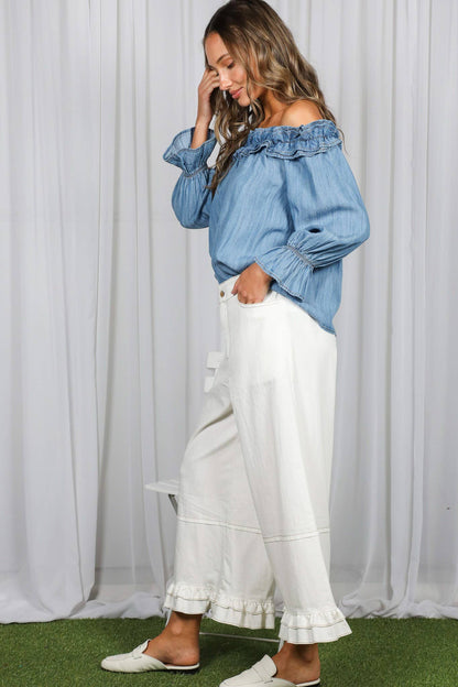 Casual Off The Shoulder Chambray Denim Blouse VT83373