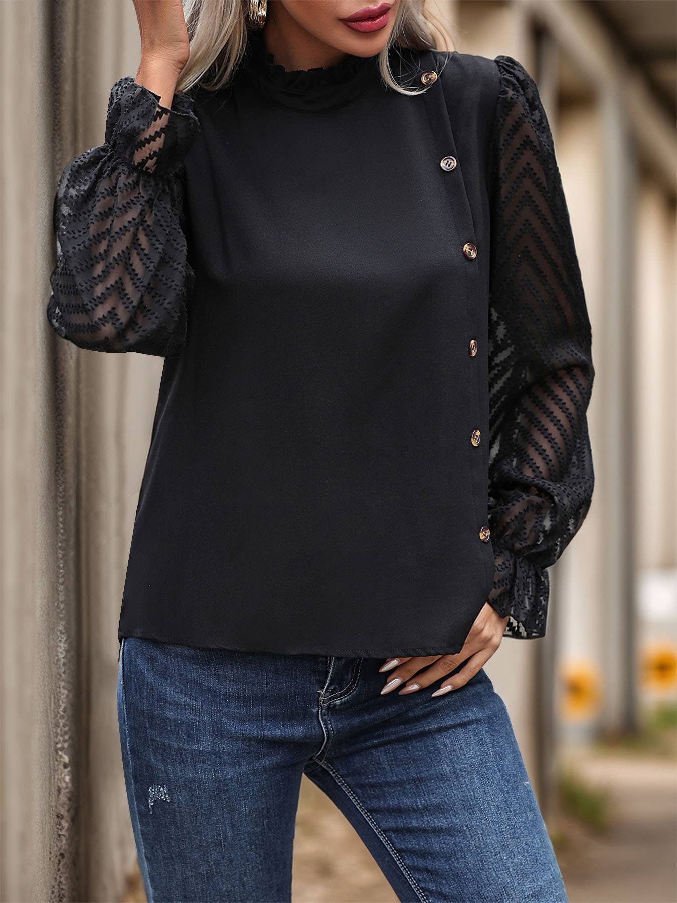 Puffed-sleeve semi-high-neck solid-color shirt