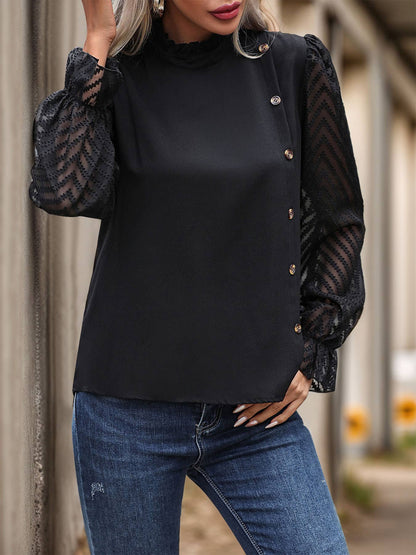Puffed-sleeve semi-high-neck solid-color shirt