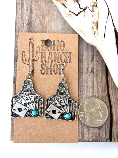 Western Playing Card with Stone Drop Dangle Earrings