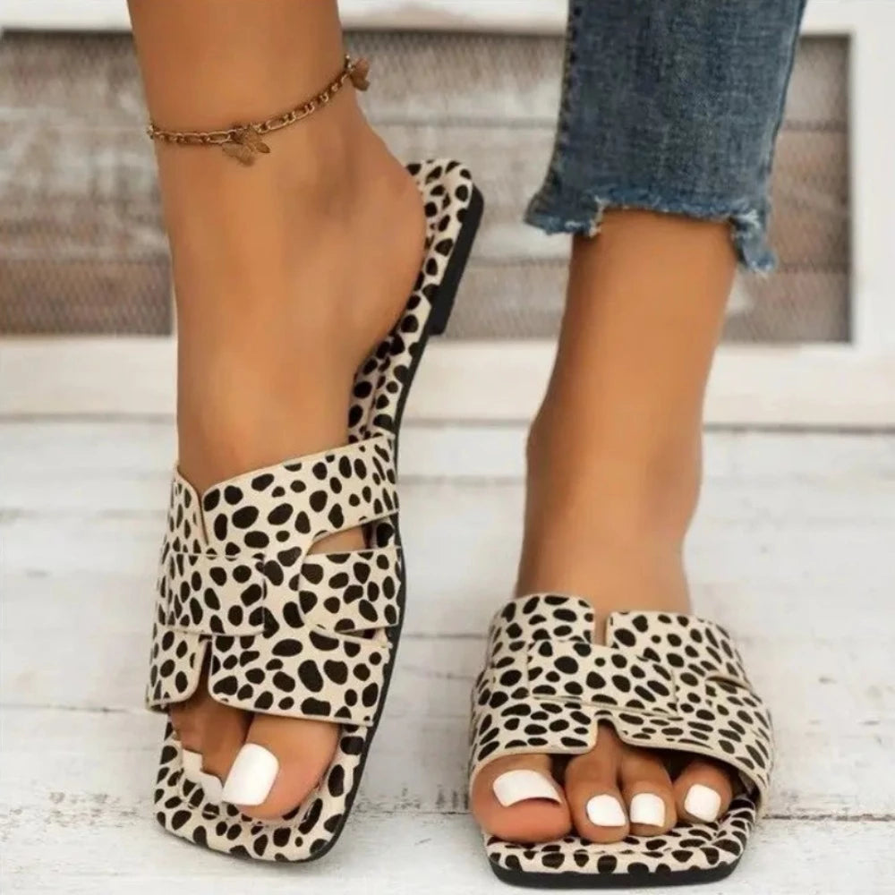 Flat Square Toe Leopard Sandals