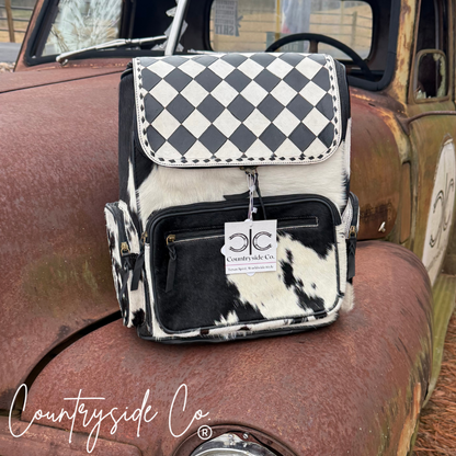 Checkered Cowhide Backpack Laptop Bag, travel bag
