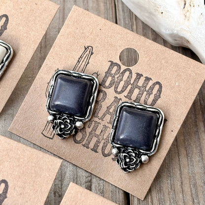 Western Style Square Stone & Flower Stud Earrings