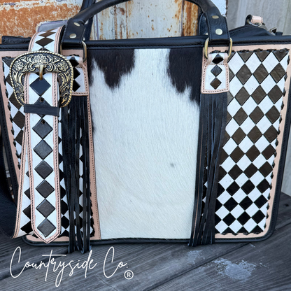 Tinsley Checkered Leather Cowhide Tote, Computer Bag