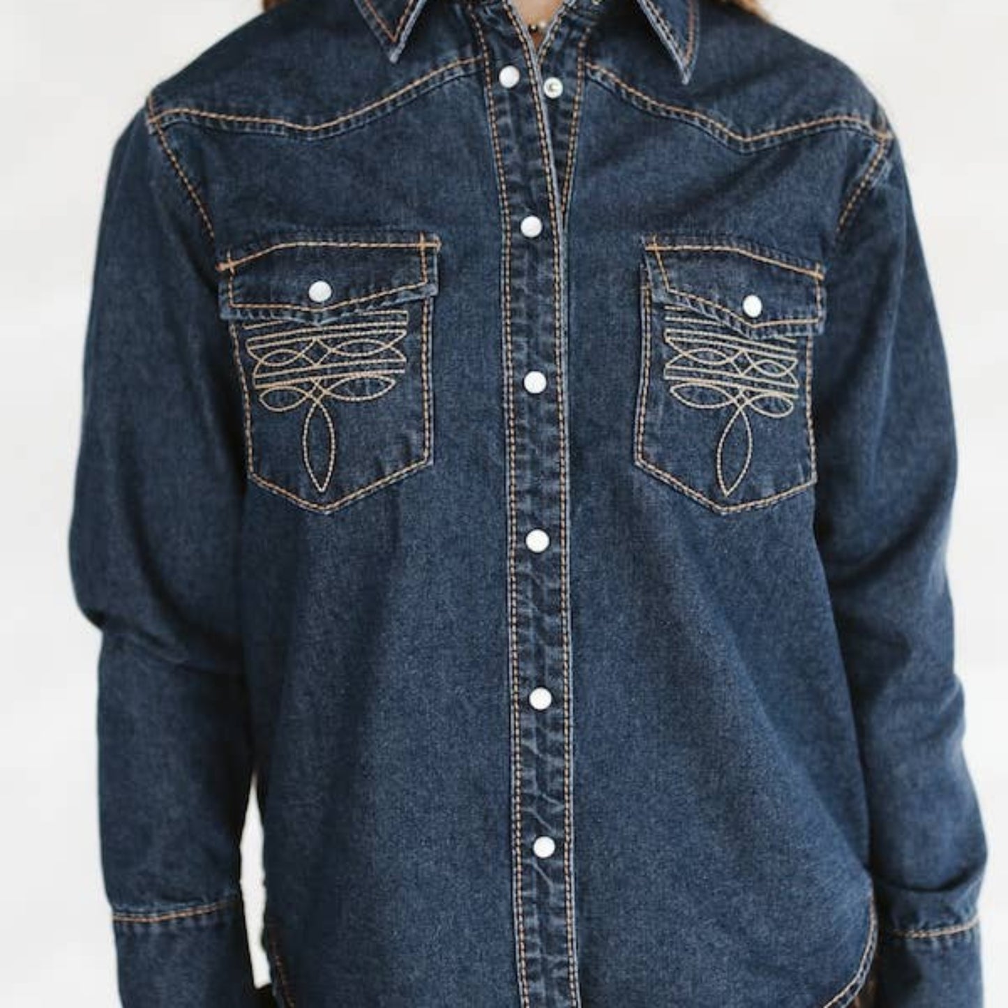 Dark Wash Contrast Boot Stitched Pearl Snap Denim Shirt