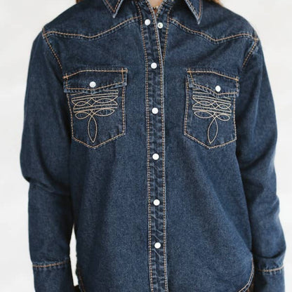 Dark Wash Contrast Boot Stitched Pearl Snap Denim Shirt